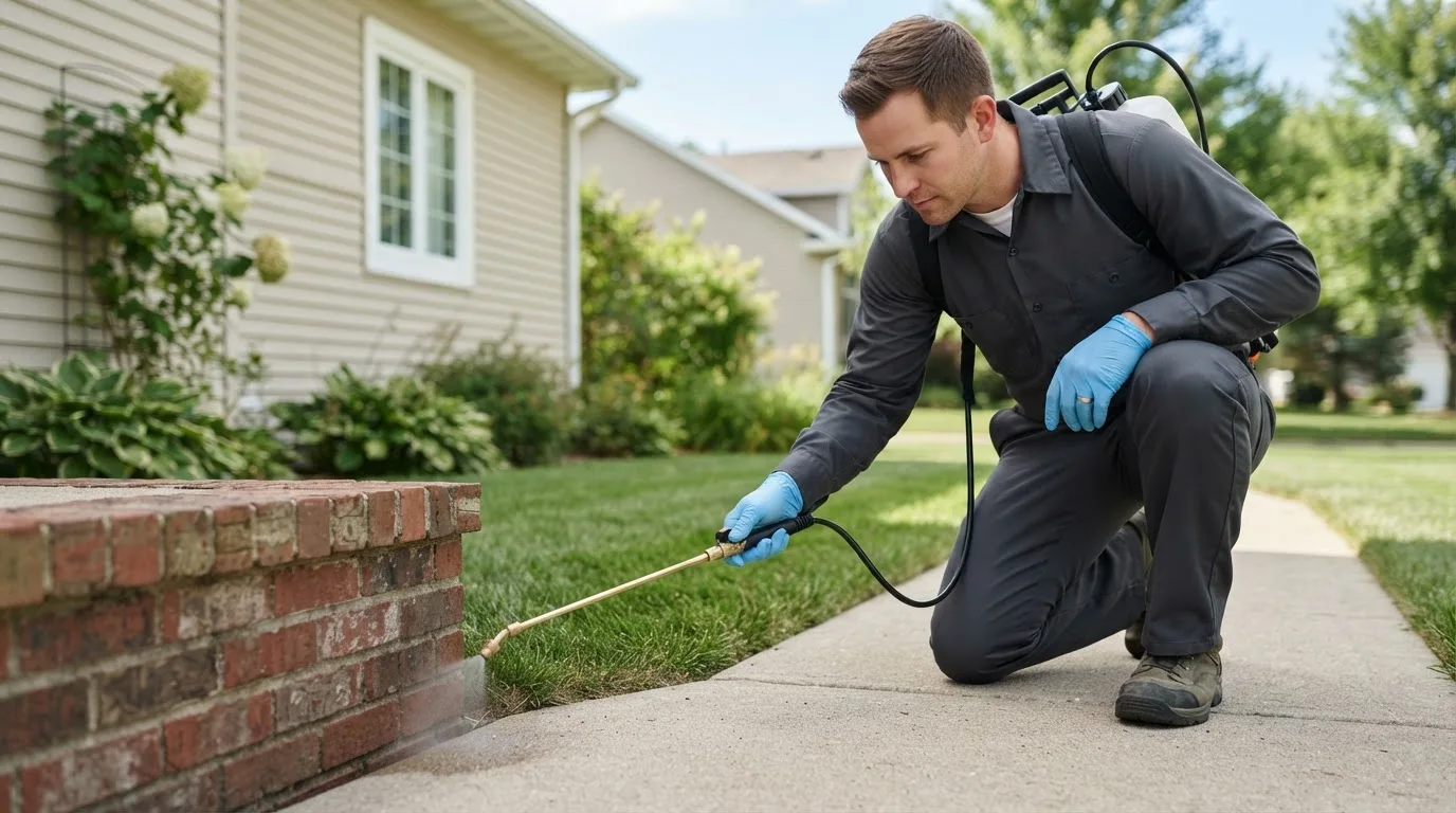 Pest control technician treating a home near Hadley, MI