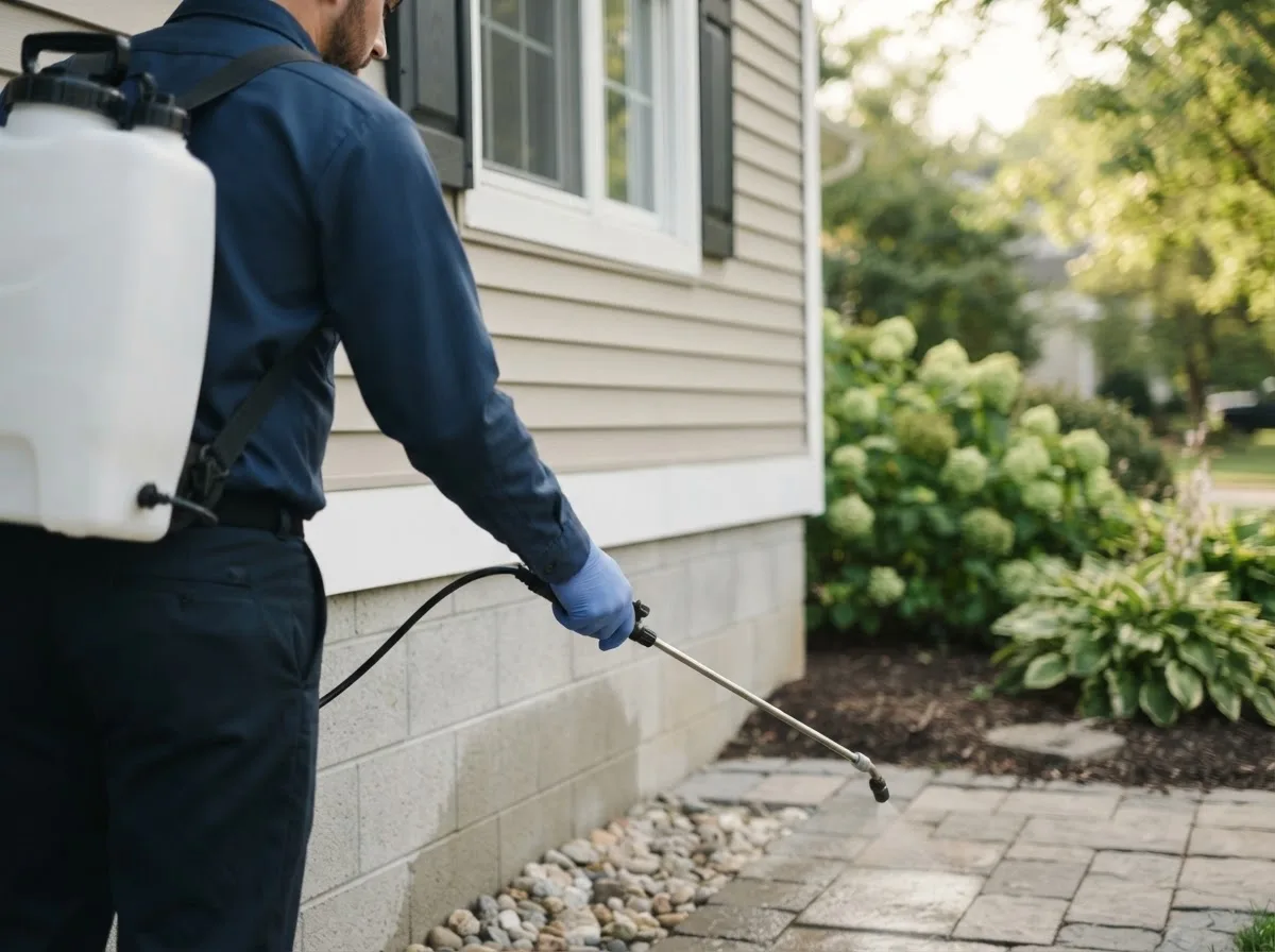 Pest control technician inspecting a home in Hadley, MI